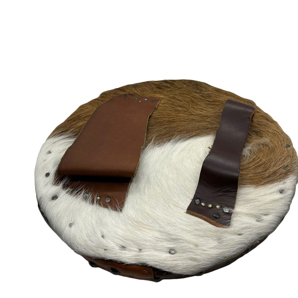 VIking Shield Hand Made Round Covered in Leather, Fabric, Calf Skin, Nail Detail - Picture 5 of 10